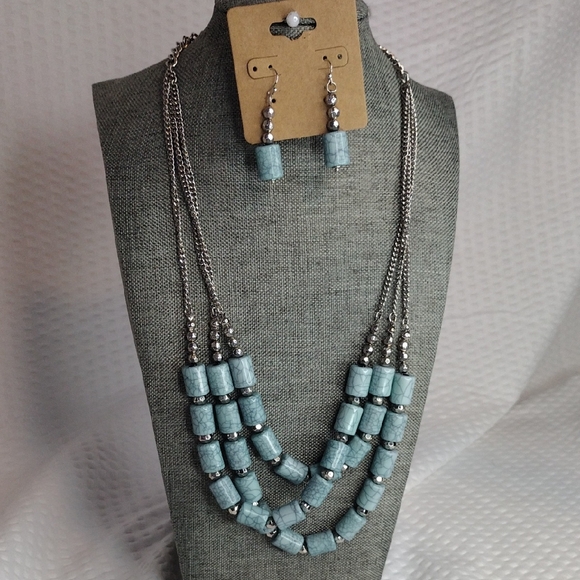 Bocar Jewelry - Bocar Silver and Simulated Turquoise Barrel Beaded Necklace and Earring Set